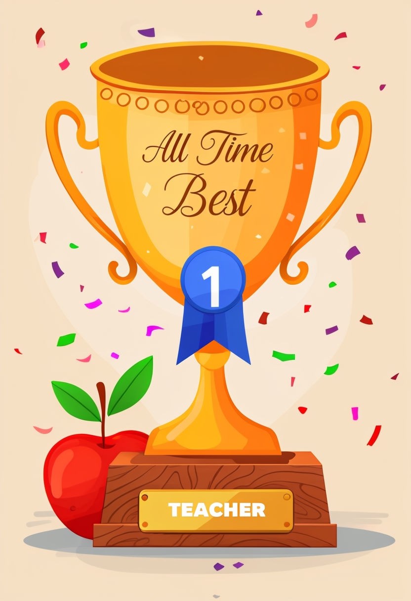 Golden Trophy for Best Teacher with Apple and Confetti Sticker