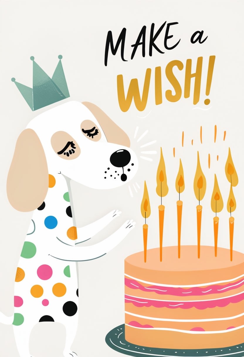 Cheerful Cartoon Birthday Dog Blowing Out Candles Card Illustration Art