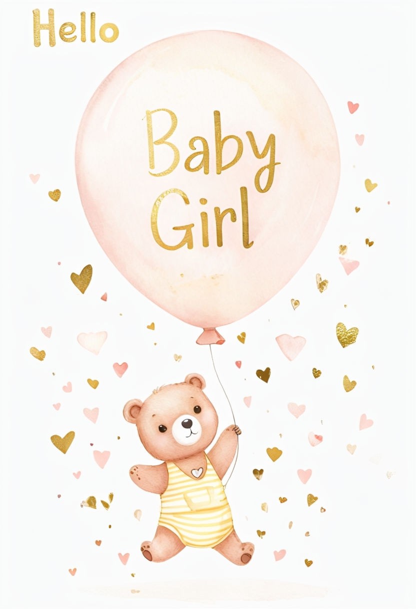 Whimsical Baby Girl Greeting Card with Cartoon Bear and Balloon Illustration Card