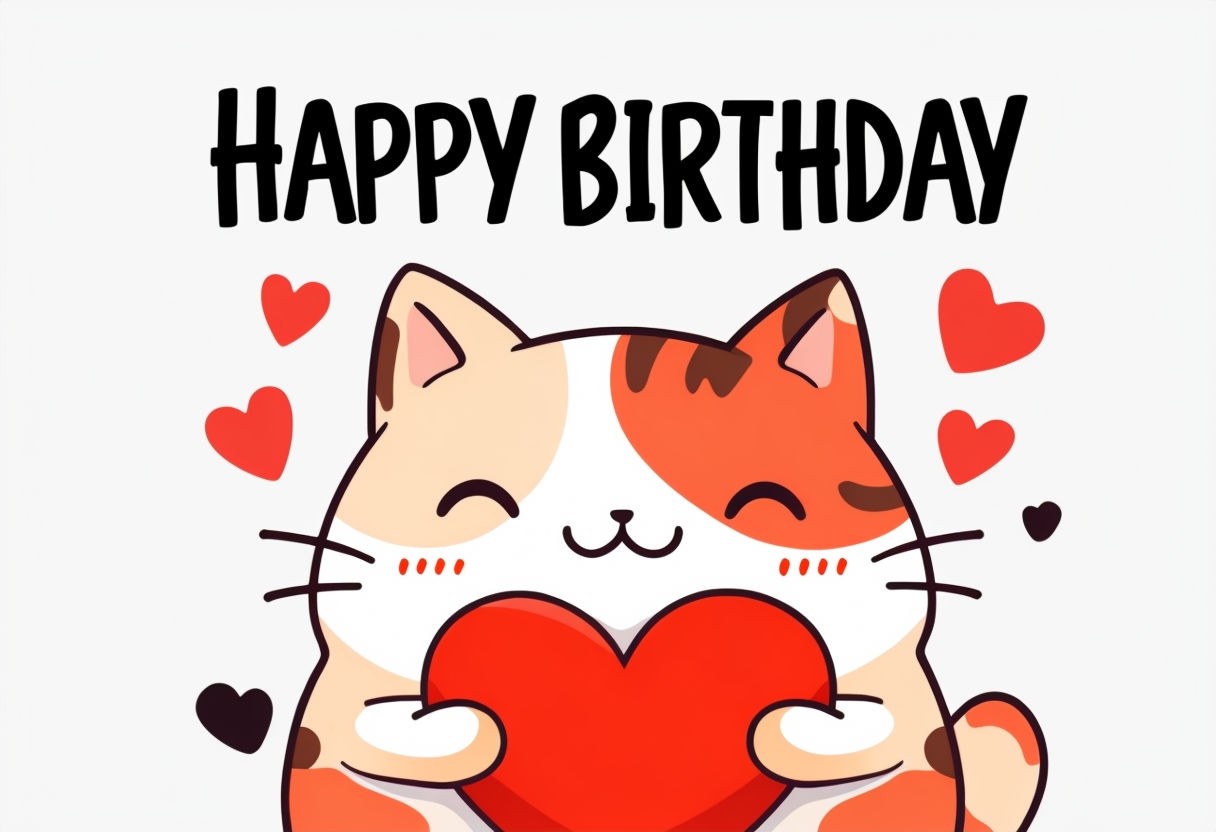 Cheerful Calico Cat Happy Birthday Greeting Card Art