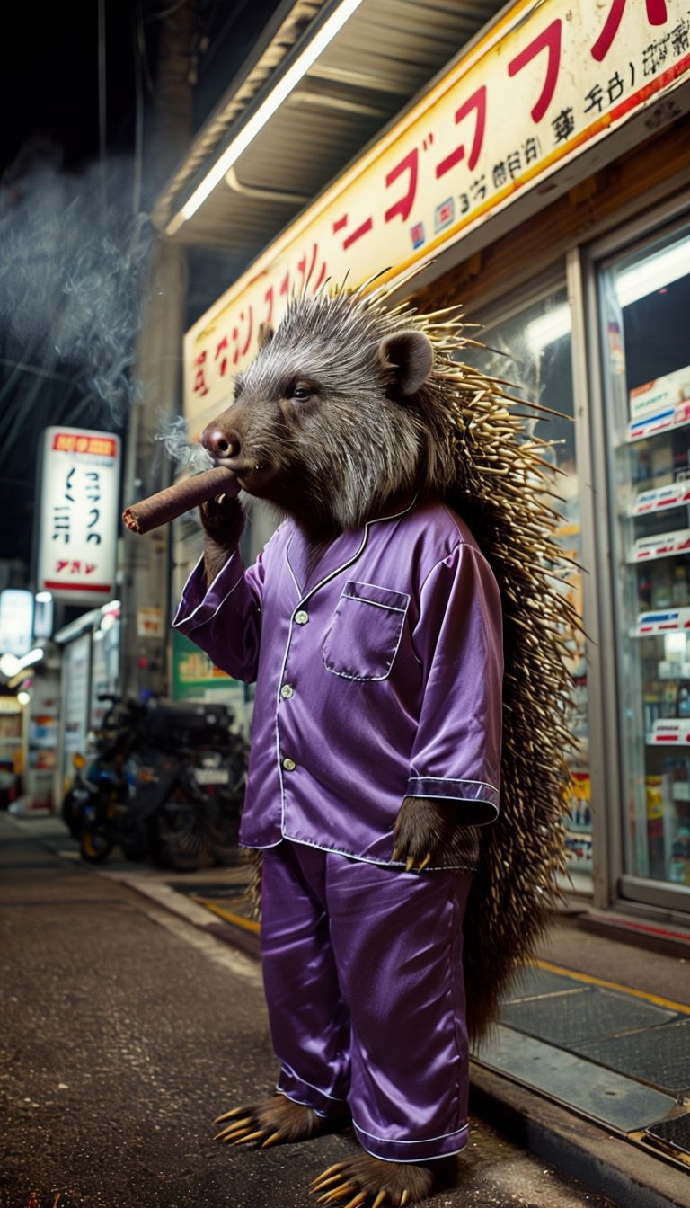 Anthropomorphic Porcupine in Purple Pajamas Smoking Cigar Poster