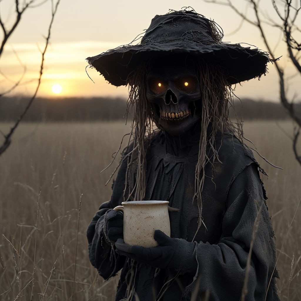 Eerie Figure in Sunset Field with Glowing Mug Art Poster