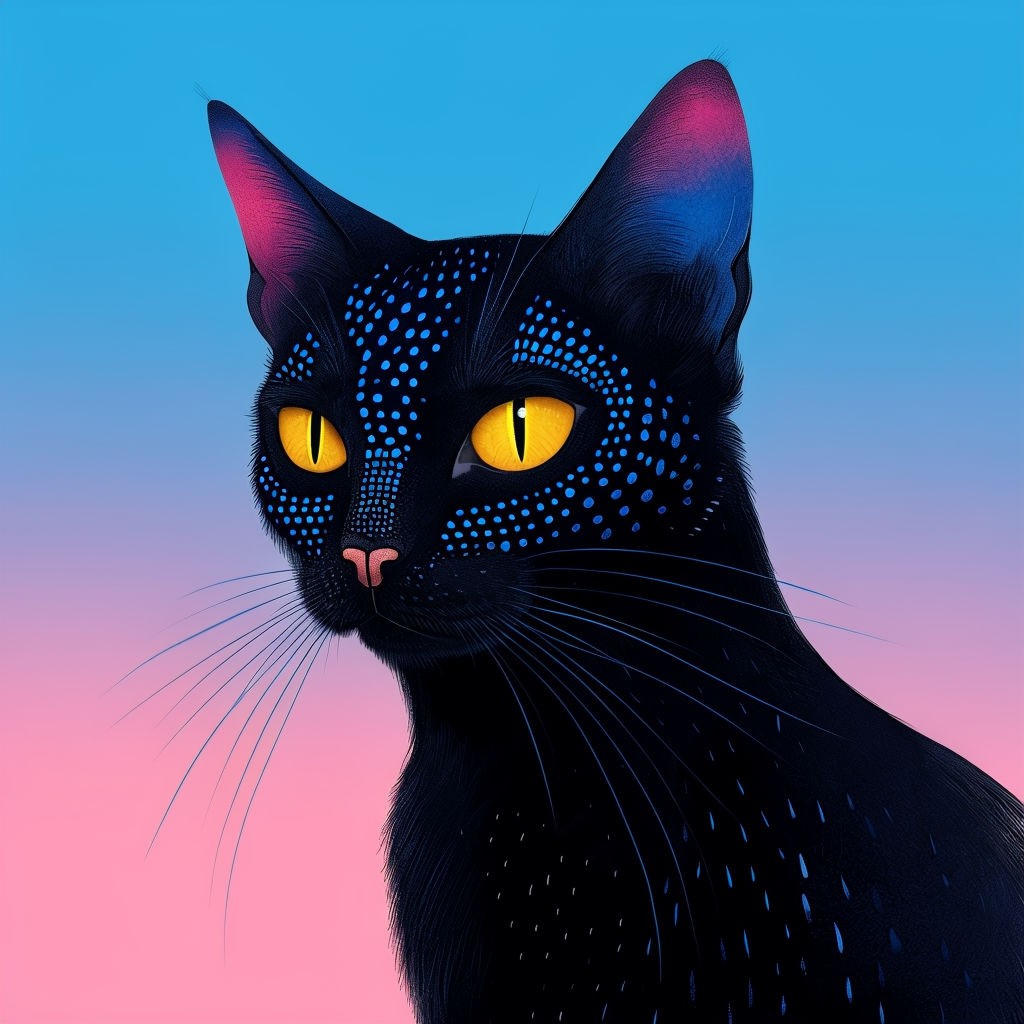 Vibrant Abstract Black Cat Illustration with Blue Dots Art