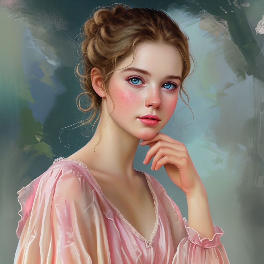 Serene Young Woman Portrait with Elegant Updo and Pink Dress Art