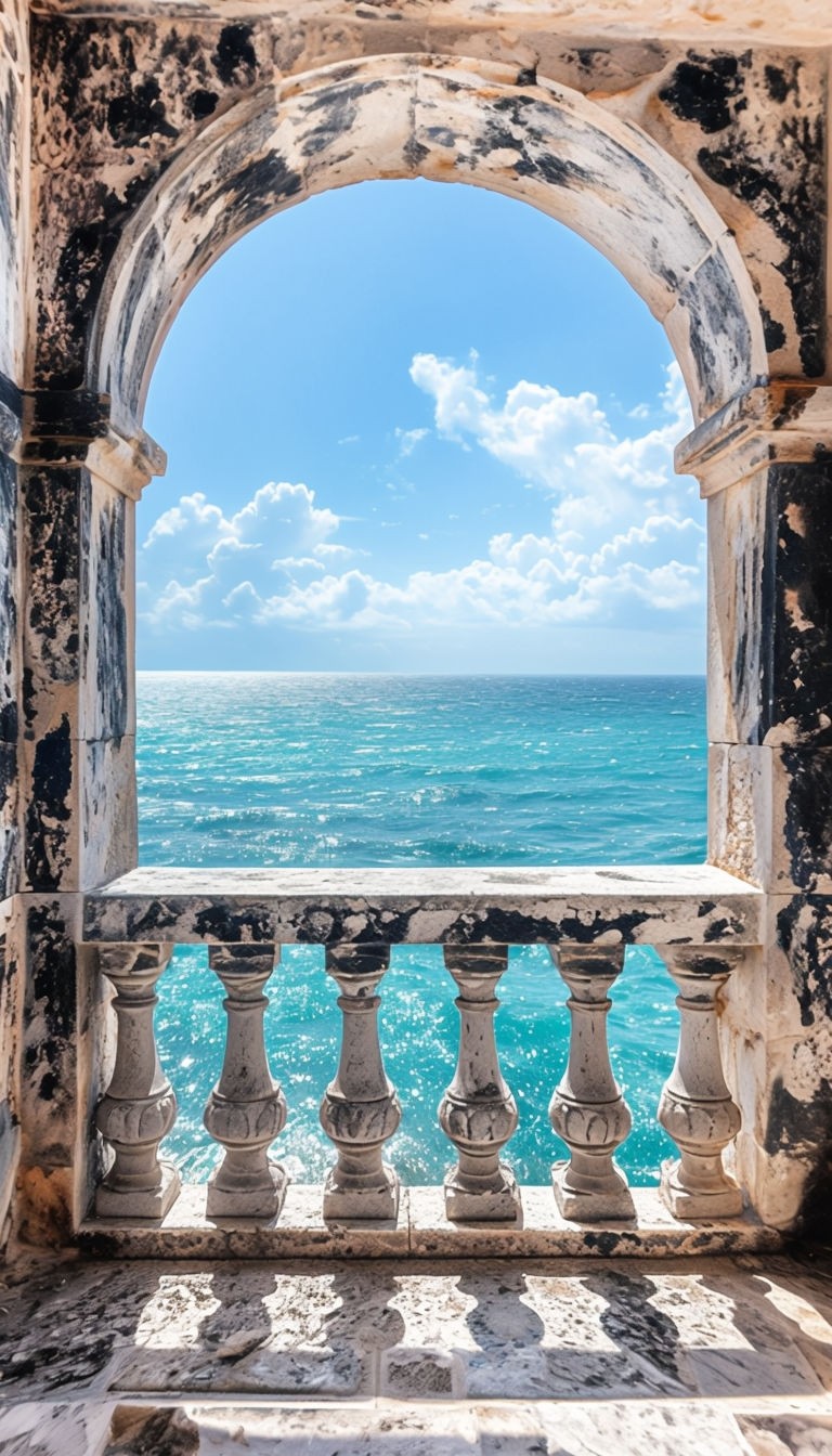 Rustic Stone Balcony Overlooking Turquoise Ocean - Playground