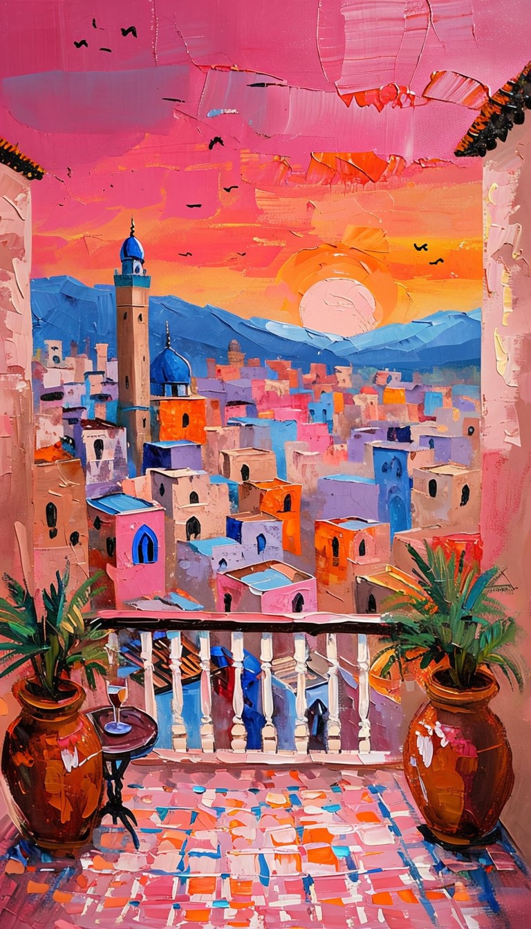 Impasto Sunset Over Moroccan City Painting Art