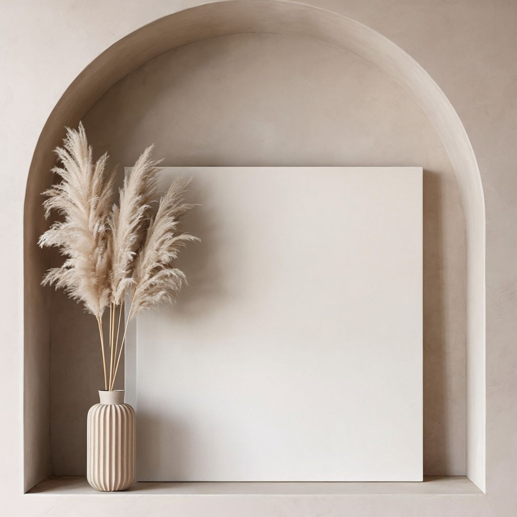 Serene Minimalist Alcove with Vase and Pampas Grass Art