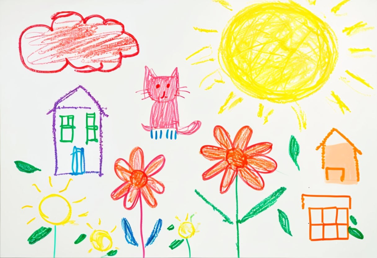 Vibrant Childlike Drawing of Sunny Day with Cat and Flowers Art