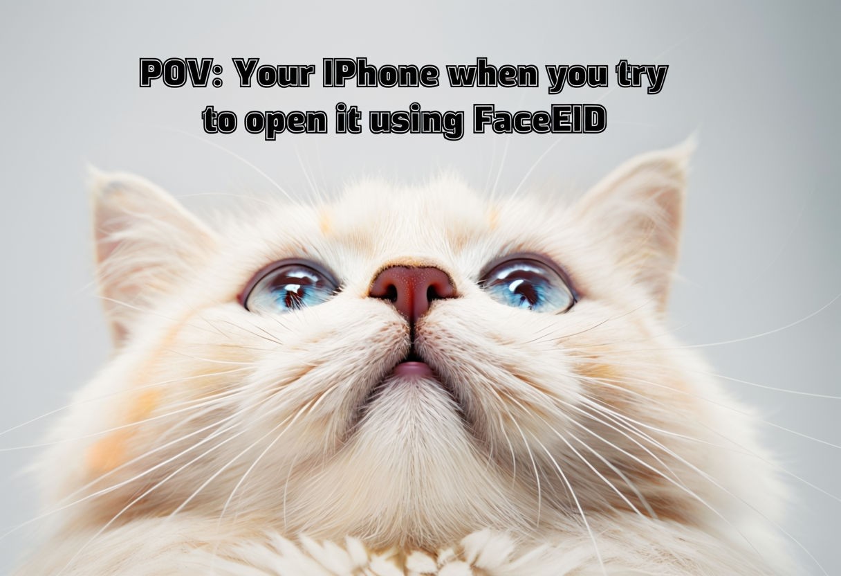 Adorable White Cat with Sky Blue Eyes and FaceID Text Social Media Post