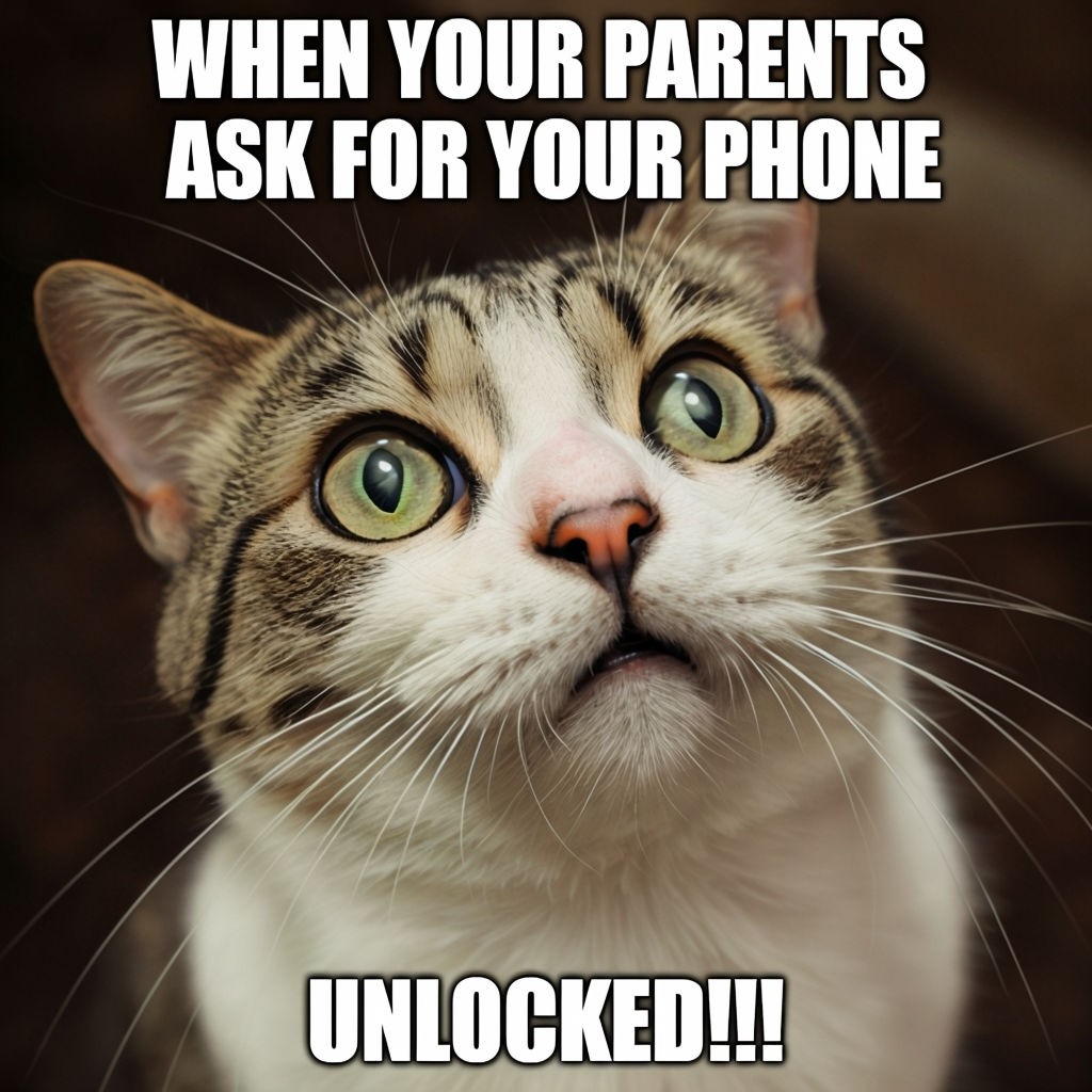 Surprised Cat Meme: When Your Parents Ask For Your Phone Unlocked!!! Memes