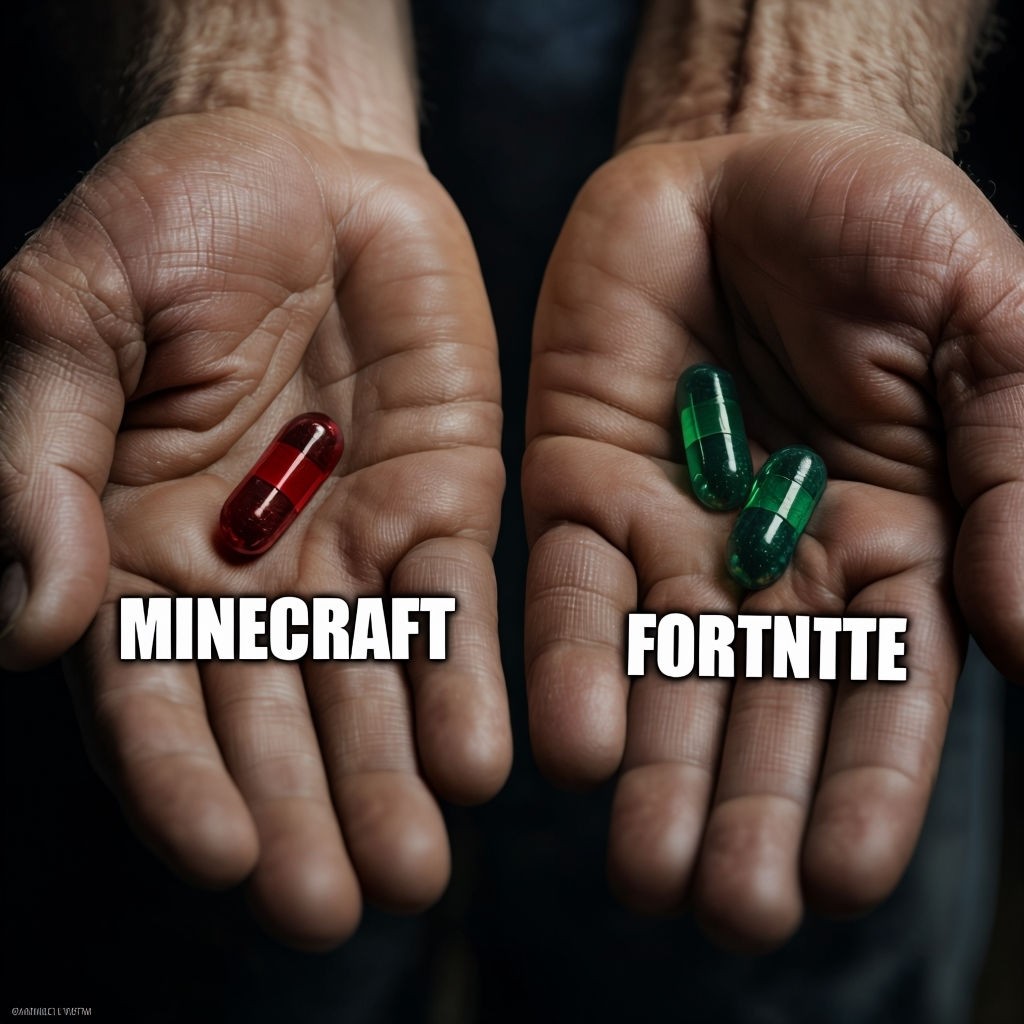 Minecraft vs Fortnite Hands Holding Glossy Pills Art