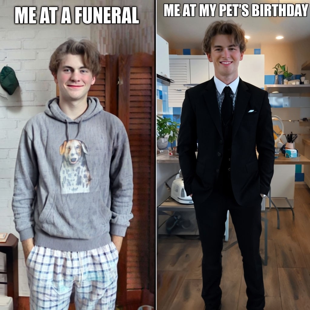 Humorous Meme Collage: Casual Funeral vs Formal Pet Birthday ...