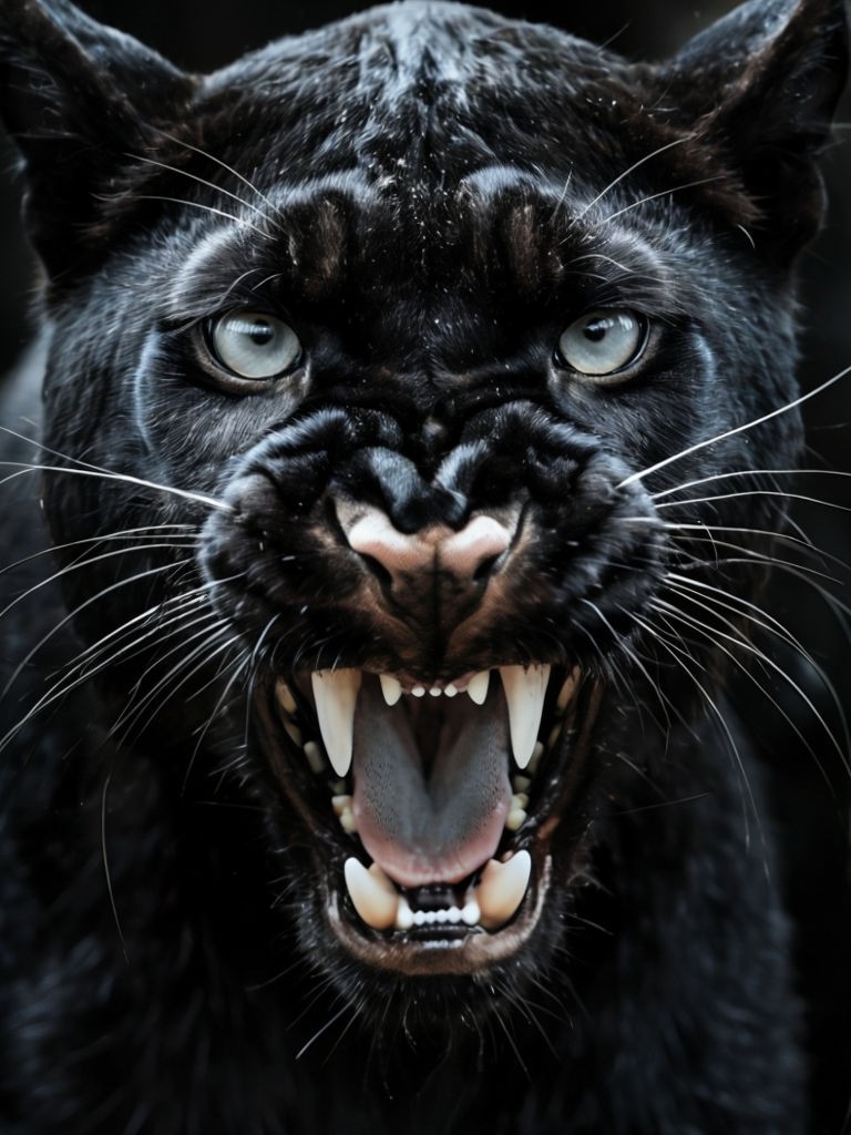 Intense Close-Up of Black Panther's Face with Sharp Fangs Photography Art