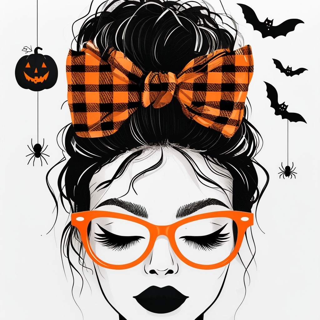 Whimsical Halloween Woman with Orange Glasses and Bats Sticker