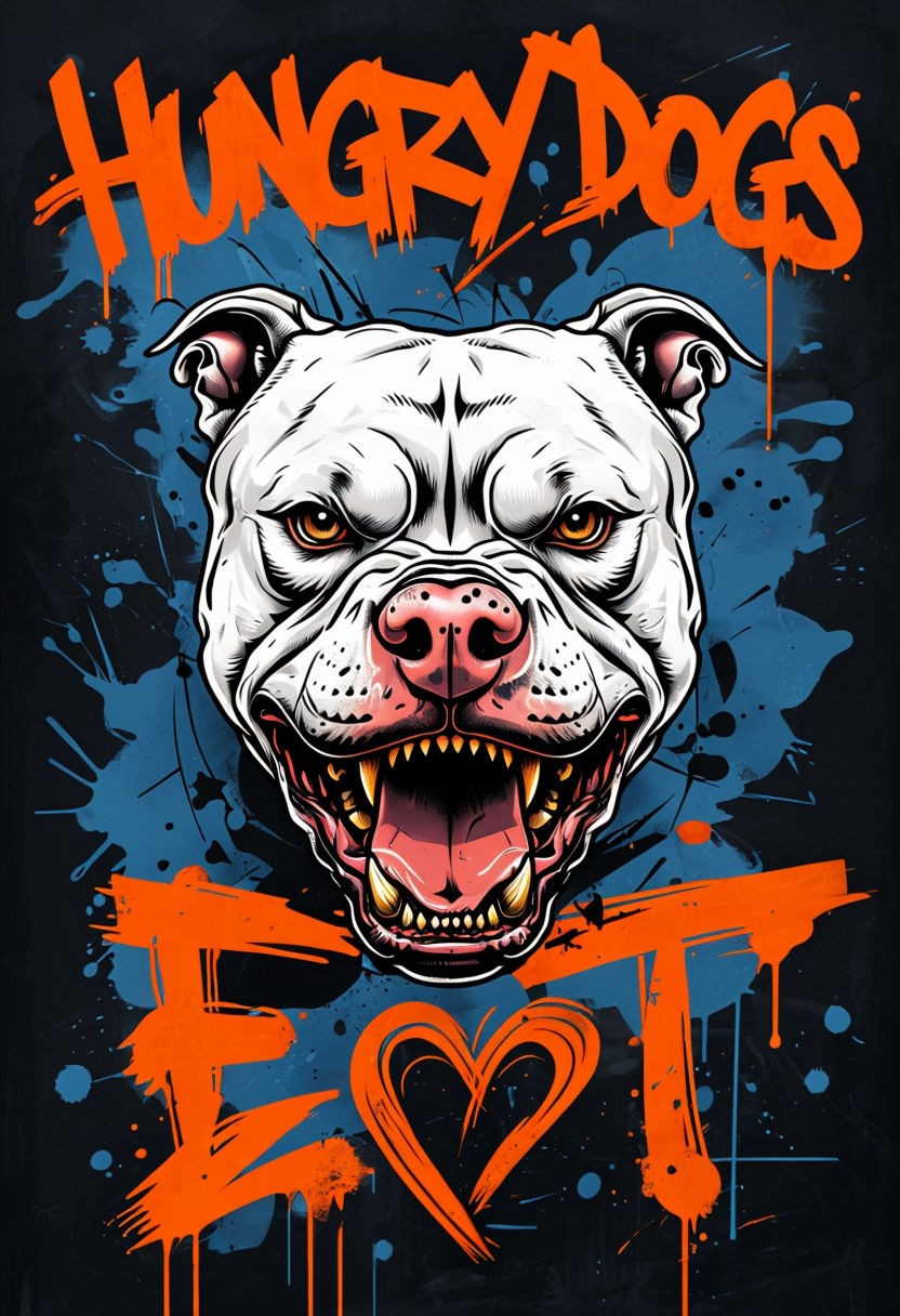 Fierce White Pit Bull Graffiti Art with 'Hungry Dogs Eat' Text Poster