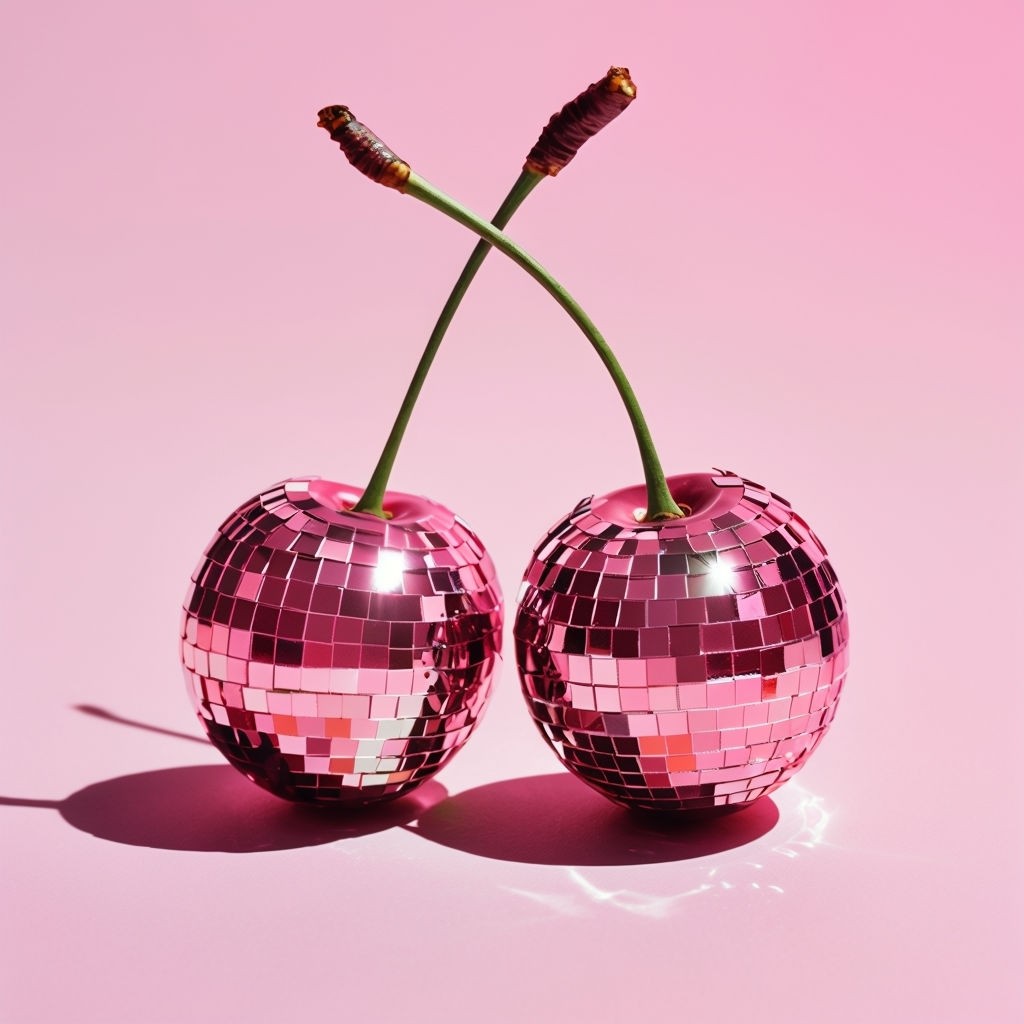 Whimsical Pink Disco Ball Cherries Still Life Art