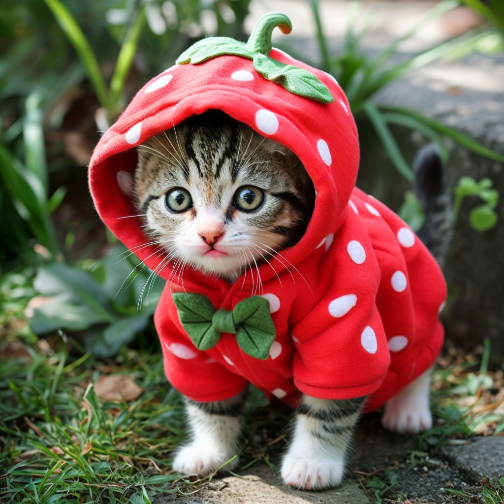 Adorable Tabby Kitten in Strawberry Hoodie Outdoor Photography Art