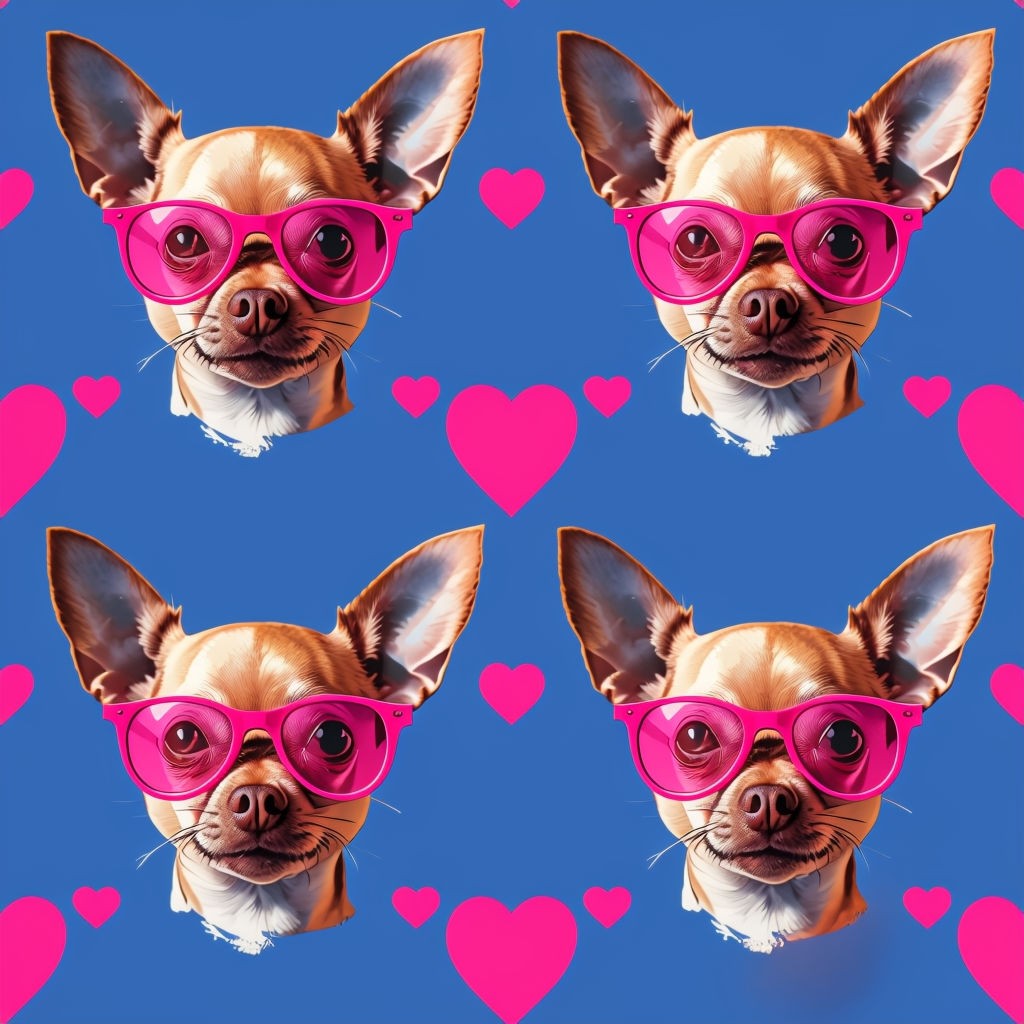 Pop Art Chihuahua with Pink Sunglasses and Hearts Seamless Pattern