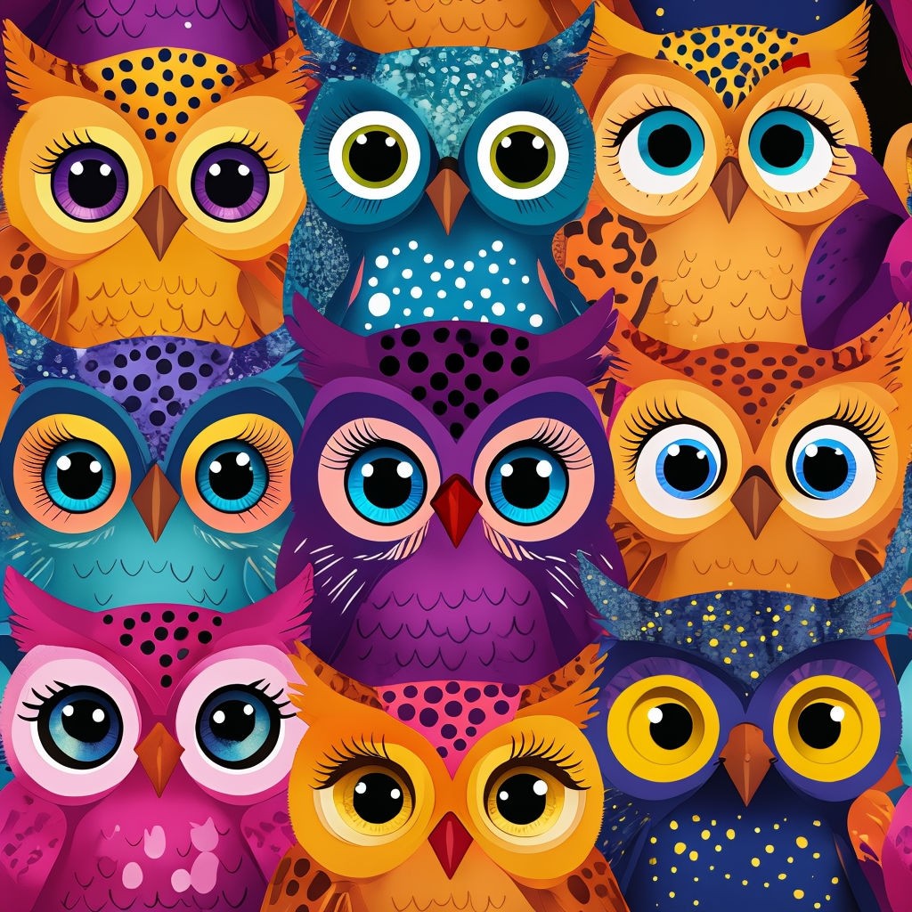  Cartoon Owl Faces Seamless Pattern 