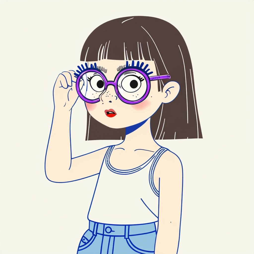 Minimalist Cartoon Girl Adjusting Glasses Illustration Art