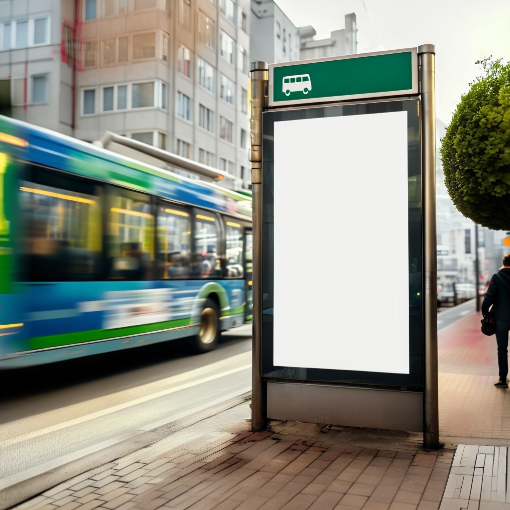 Dynamic Urban Bus Stop Scene with Motion and Modern Architecture Mockup