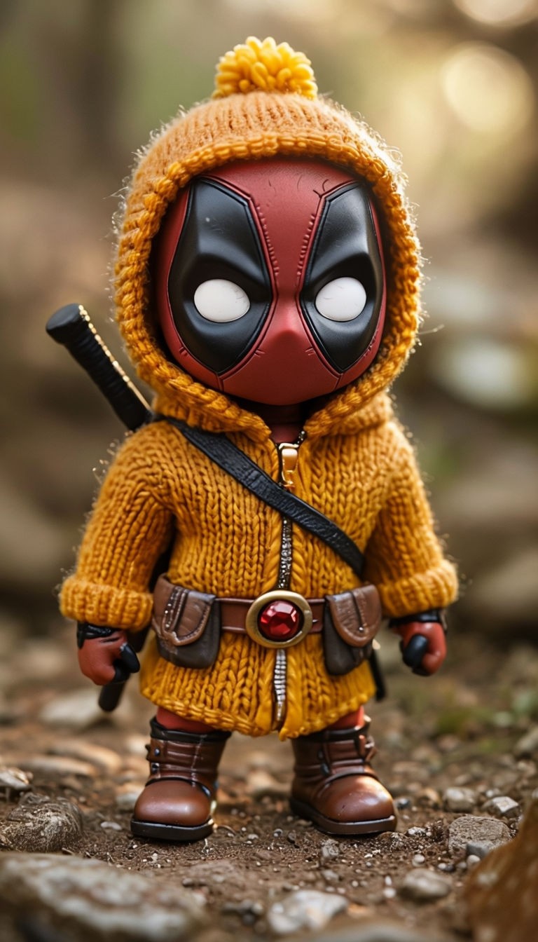 Playful Chibi Deadpool Figurine with Yellow Hoodie Art