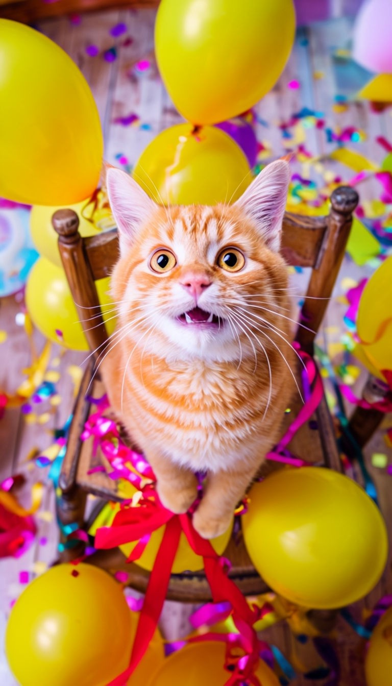 Joyful Orange Tabby Cat Surrounded by Yellow Balloons and Confetti Art