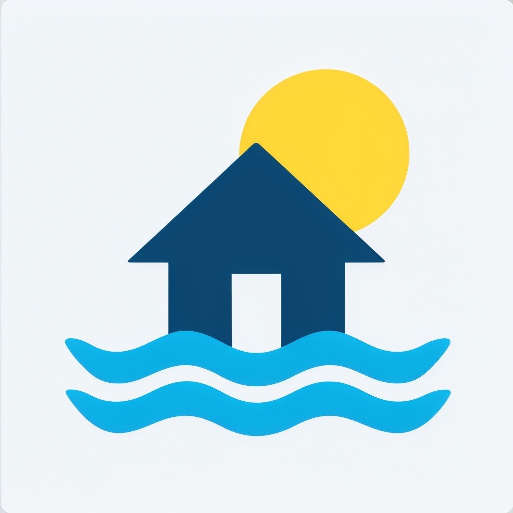 Modern Minimalist Navy Blue House Logo with Sun and Water Elements