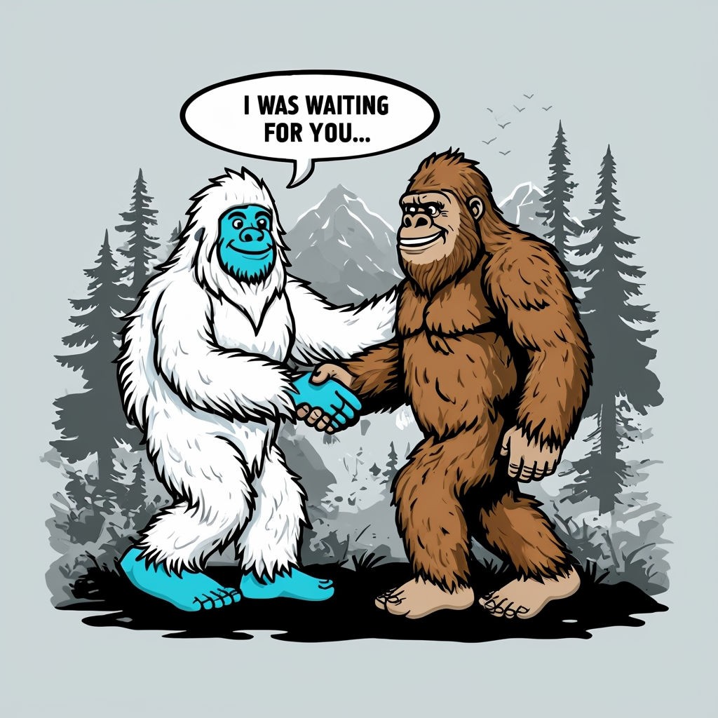 Friendly Yeti and Bigfoot Cartoon Characters Shaking Hands Art