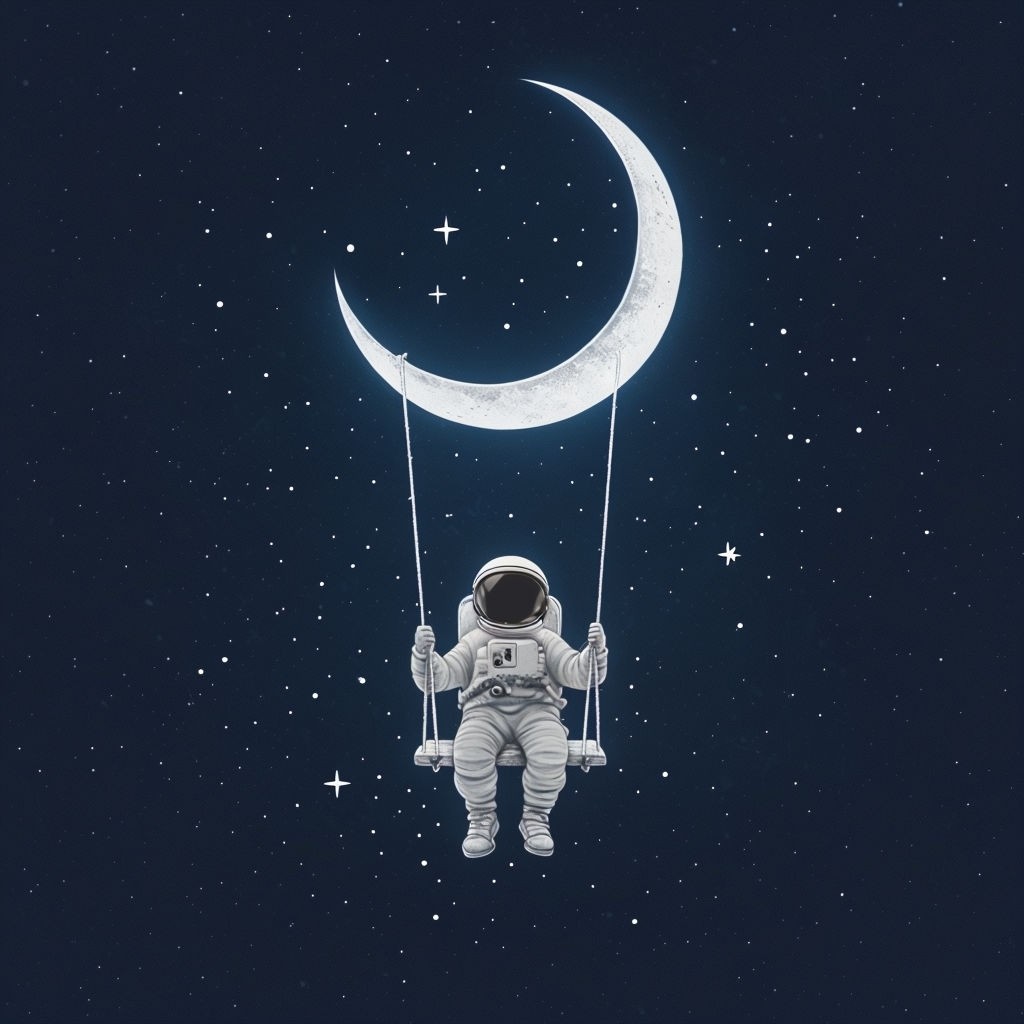 Surreal Astronaut Swinging on Crescent Moon Digital Art Poster