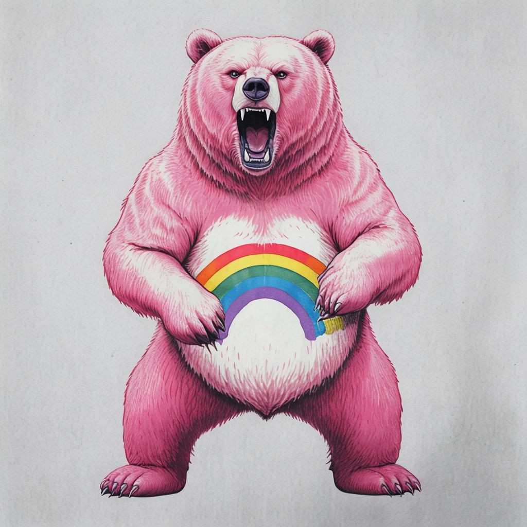 Vibrant Pink Roaring Bear with Rainbow Belly T-Shirt - Playground