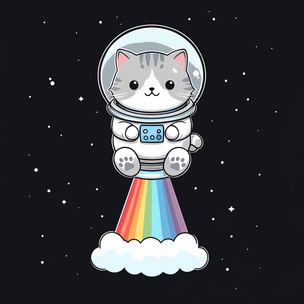 Whimsical Gray Cat Astronaut with Rainbow Rocket Flame Art