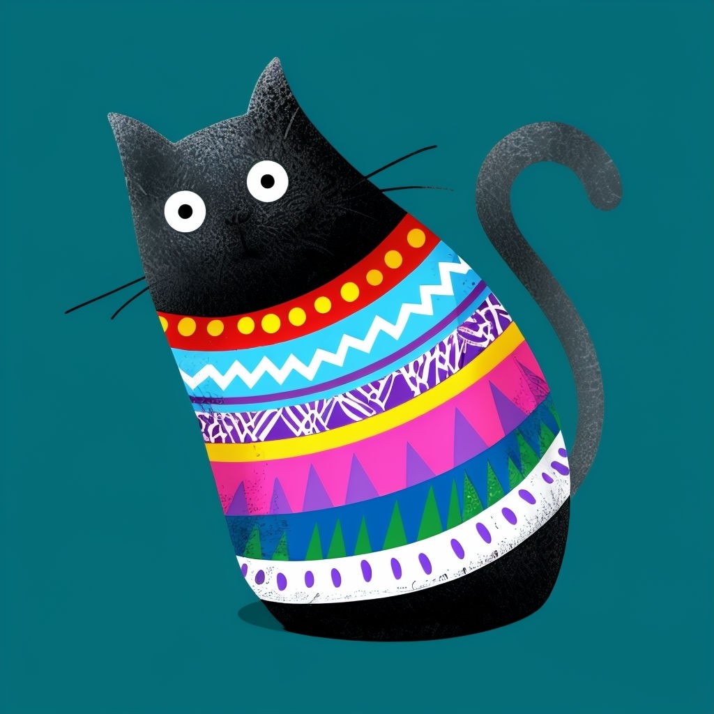 Playful Whimsical Black Cat with Colorful Patterns Art