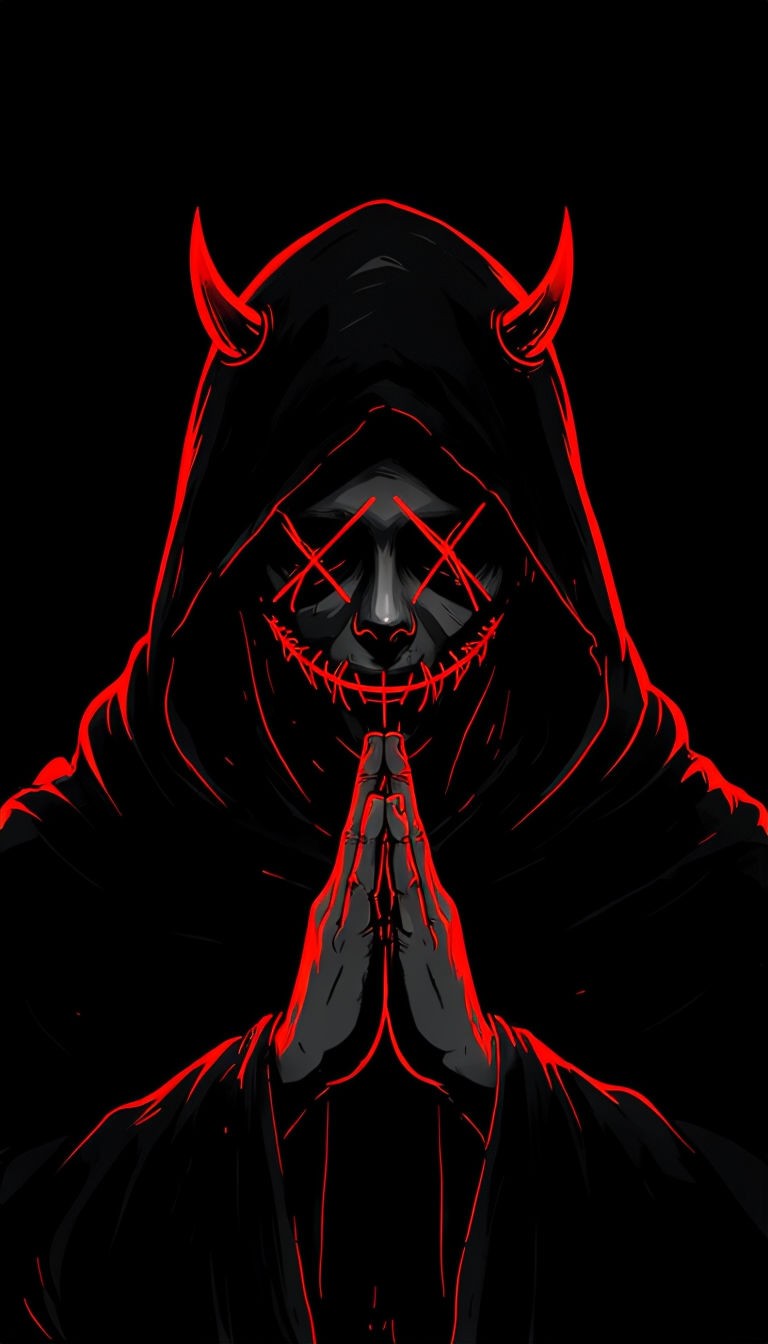 Sinister Hooded Figure with Neon Red Features Art