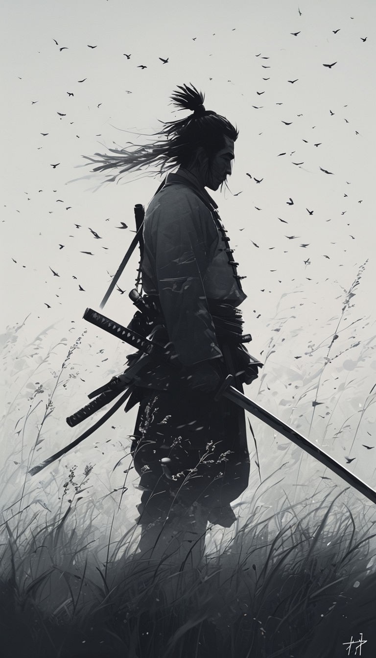 Minimalist Samurai Warrior in Grassy Field Digital Art Poster