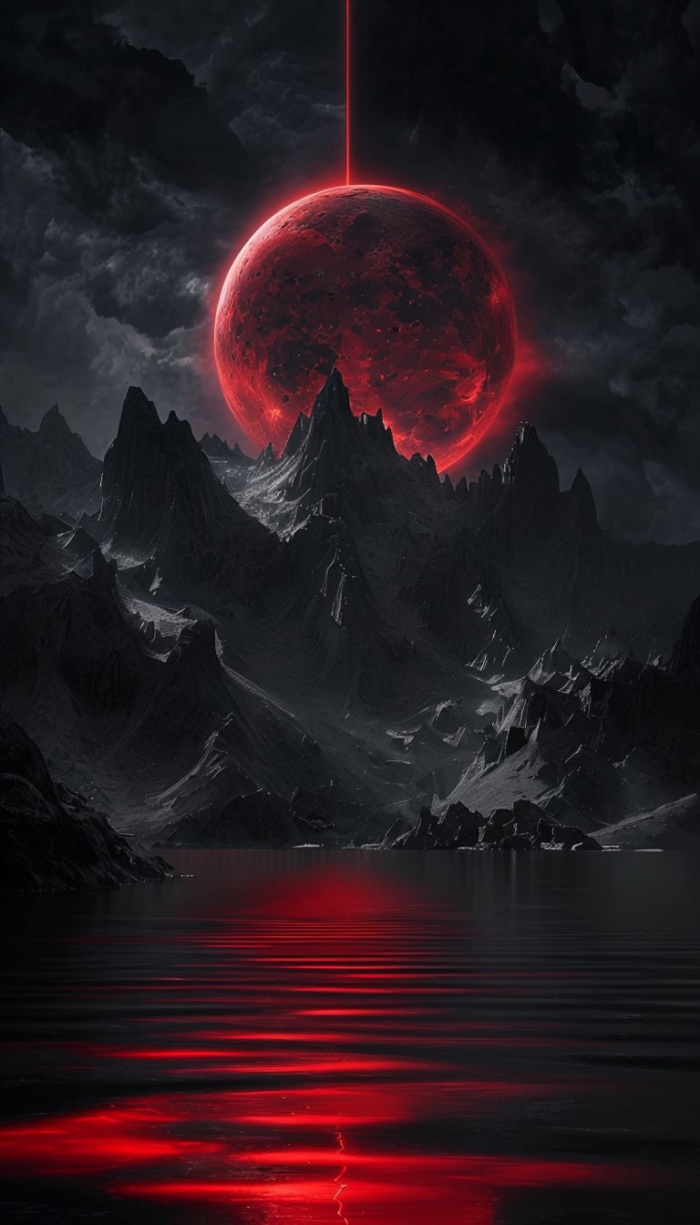 Surreal Crimson Moonlit Landscape Art with Dramatic Shadows