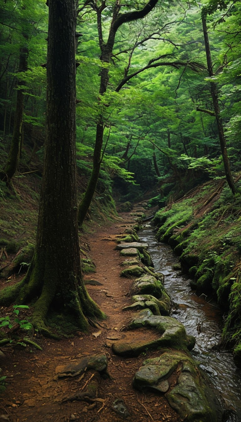 Tranquil Forest Path with Stream and Lush Greenery Art