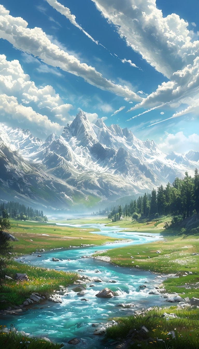 Serene Mountain Landscape with Turquoise River Digital Art