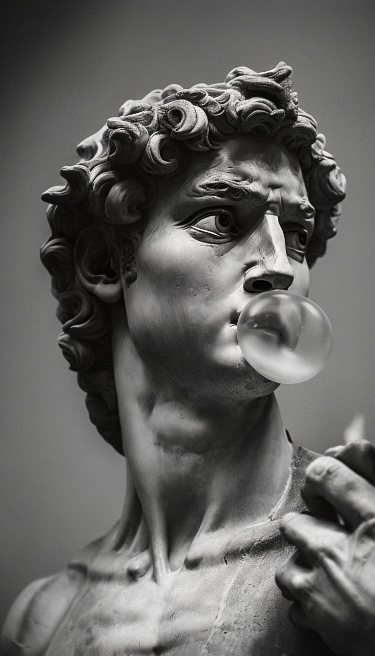 Whimsical Black and White Michelangelo's David with Bubble Gum Art