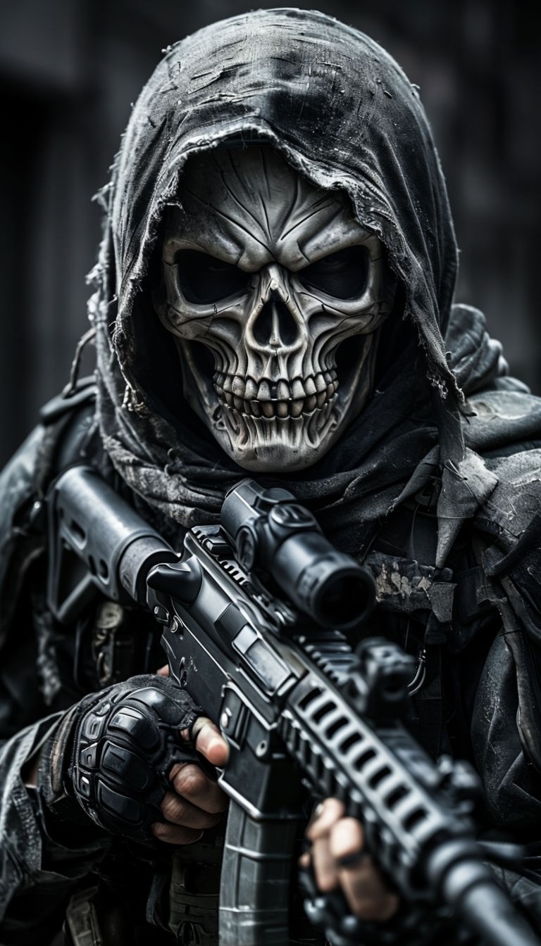 Intense Tactical Character with Skull Mask and Assault Rifle Art