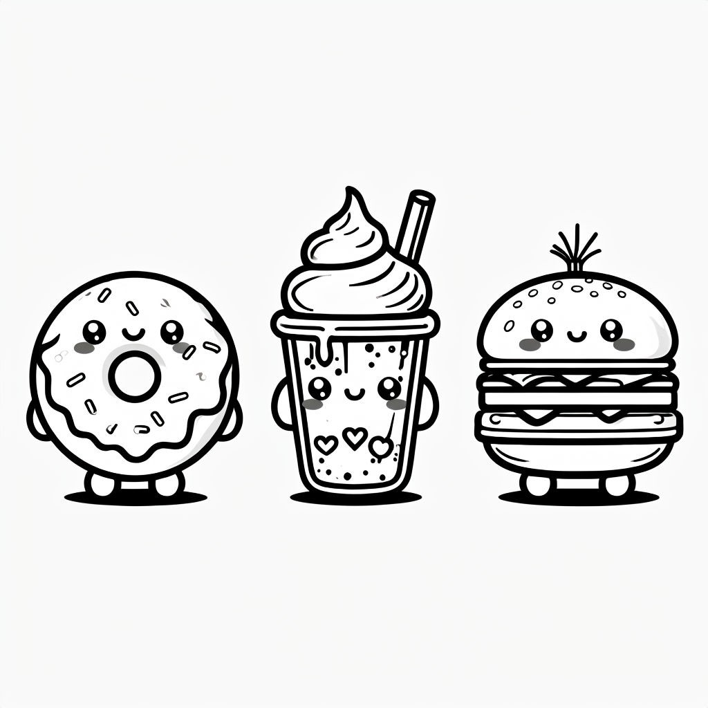 Kawaii Cartoon Donut, Milkshake, and Burger Line Art Illustration Art