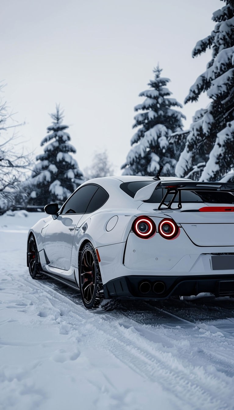 Sleek White Sports Car in Snowy Winter Landscape Art