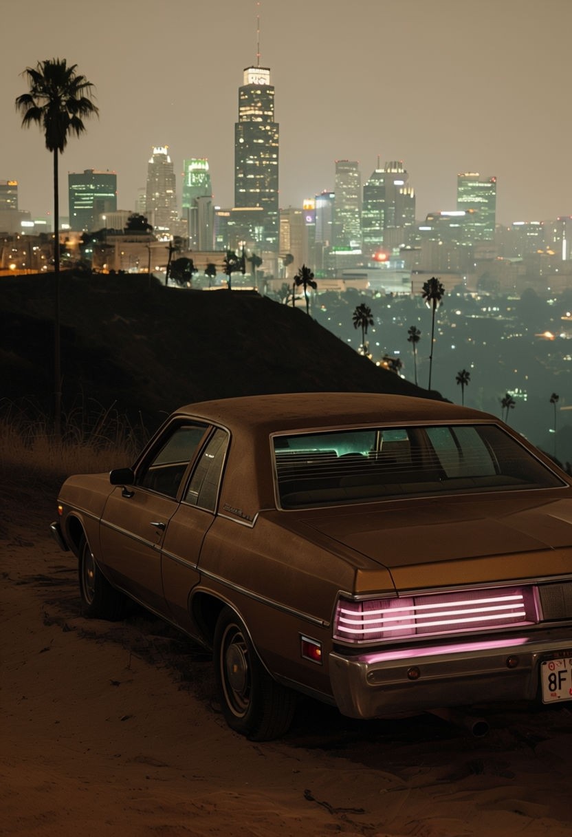 Nostalgic Vintage Car in 1980s Los Angeles Night Cityscape Poster