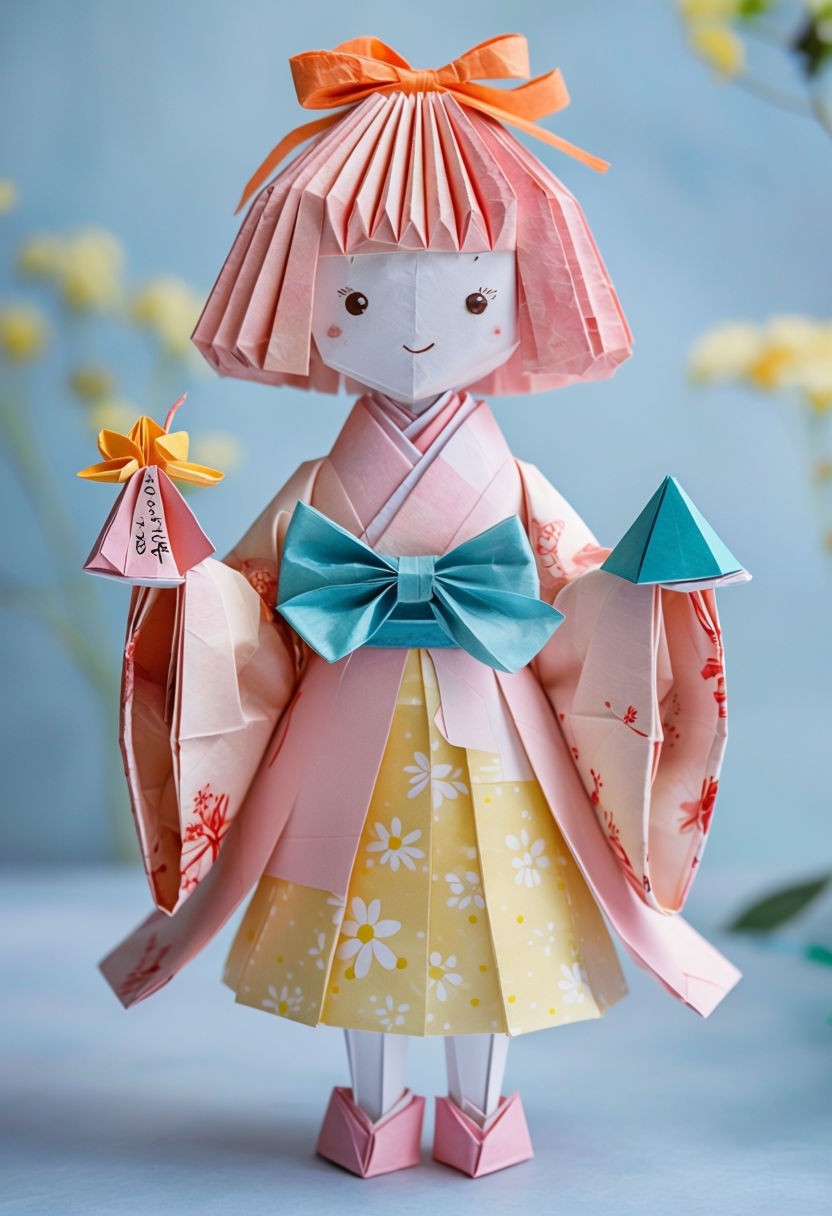 Whimsical Pastel Origami Doll Holding Gifts Birthday Art