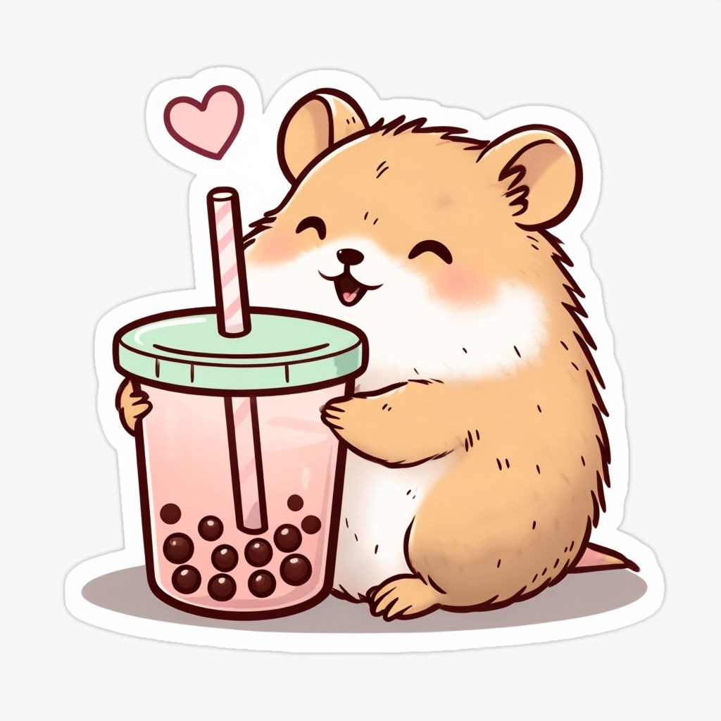 Cute Cartoon Hamster Enjoying Boba Tea