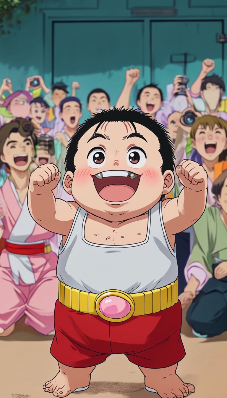 Joyful Chubby Boy in Anime Style Surrounded by Cheerful Crowd Art