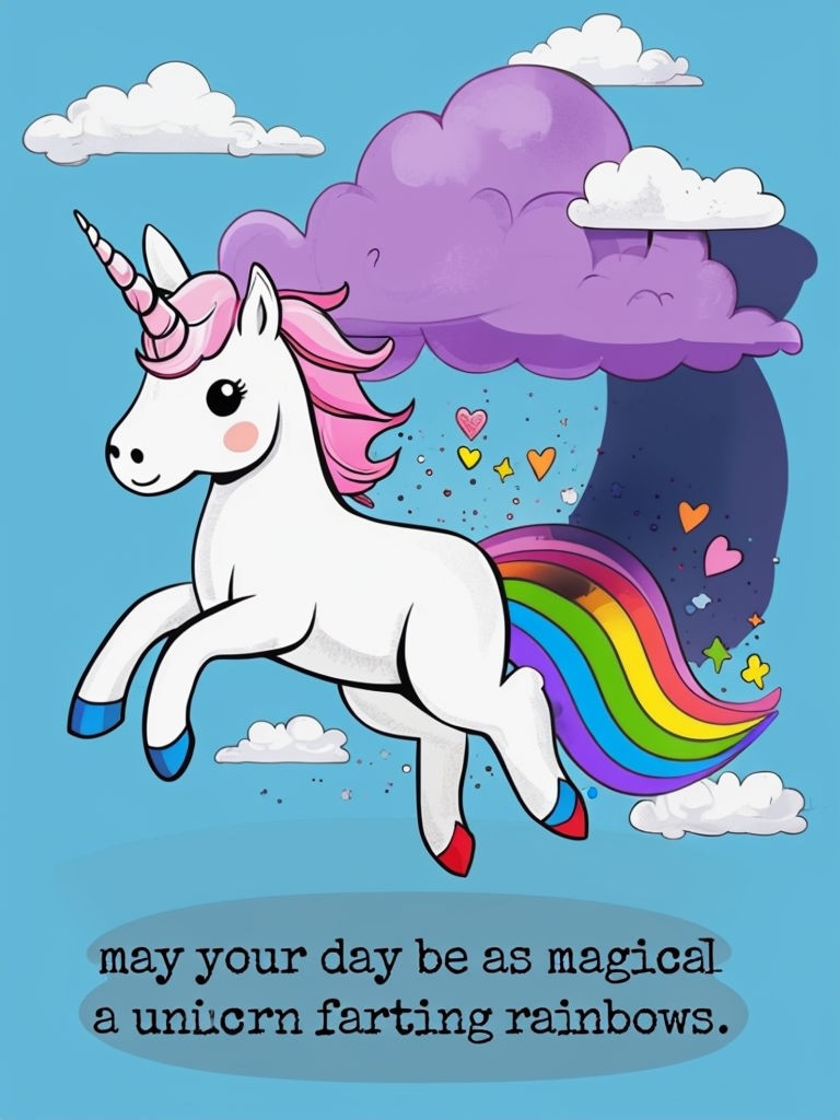 Whimsical Unicorn Farting Rainbows Illustration Poster