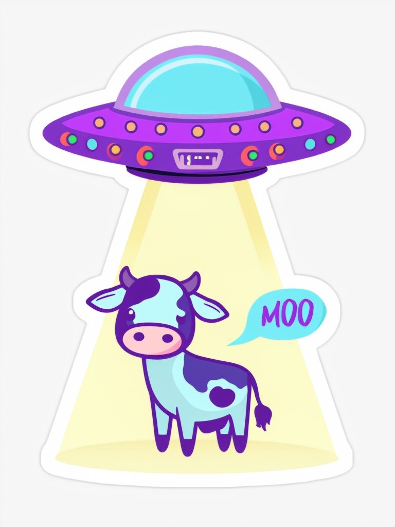 Playful Cartoon UFO and Cow Sticker Design