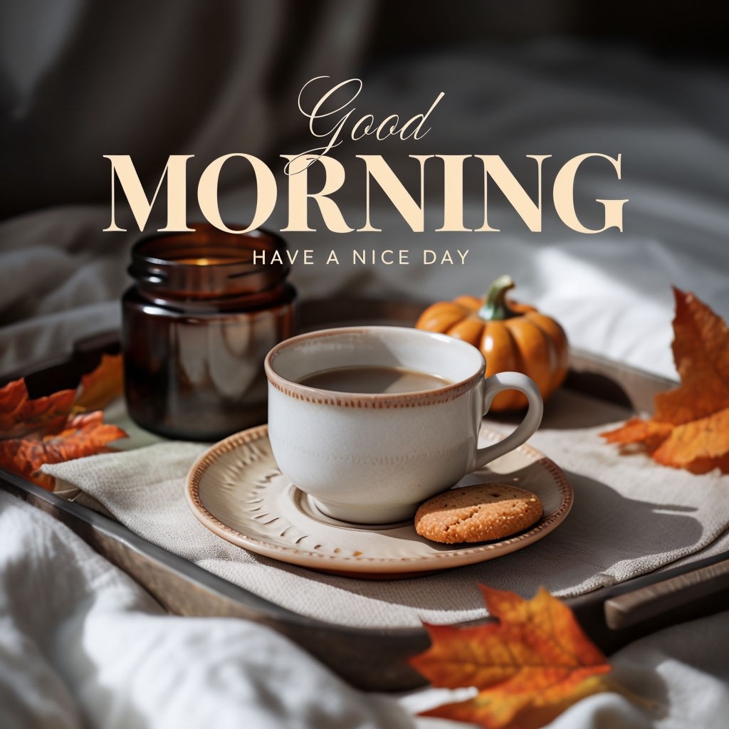 Cozy Morning Coffee Scene with Autumn Leaves and Warm Text Social Media Post