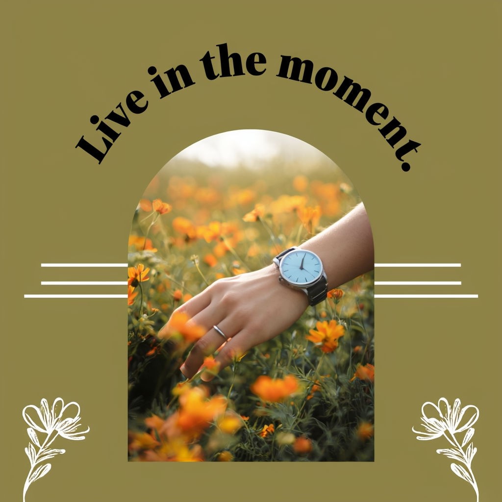 Live in the Moment Inspirational Graphic with Floral Design Art